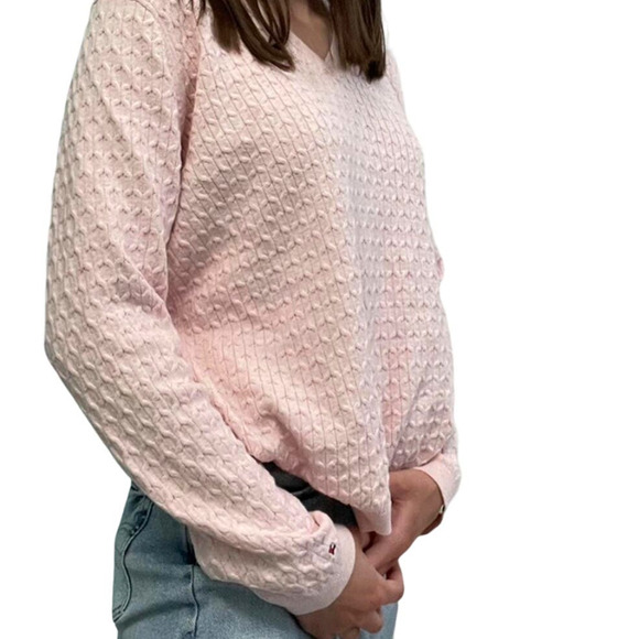 Tommy Hilfiger Pink Cable Knit Sweater Barbiecore V-Neck Baby Pink - Picture 1 of 6